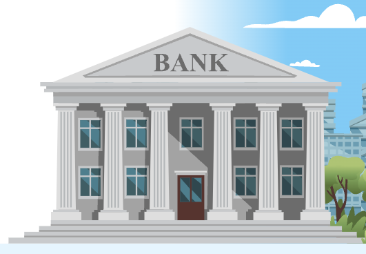 screenshot of an illustrated bank building taken from the #GetBanked homepage