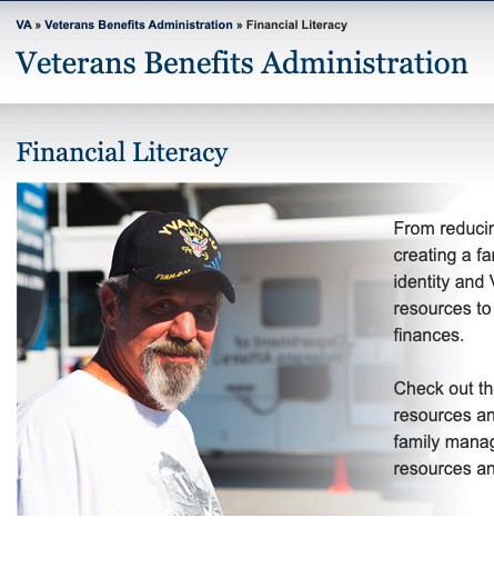 Screenshot from the Veteran's Benefits Administration Financial Literacy webpage, featuring a white man with a short beard wearing a Veteran's hat looking at the camera