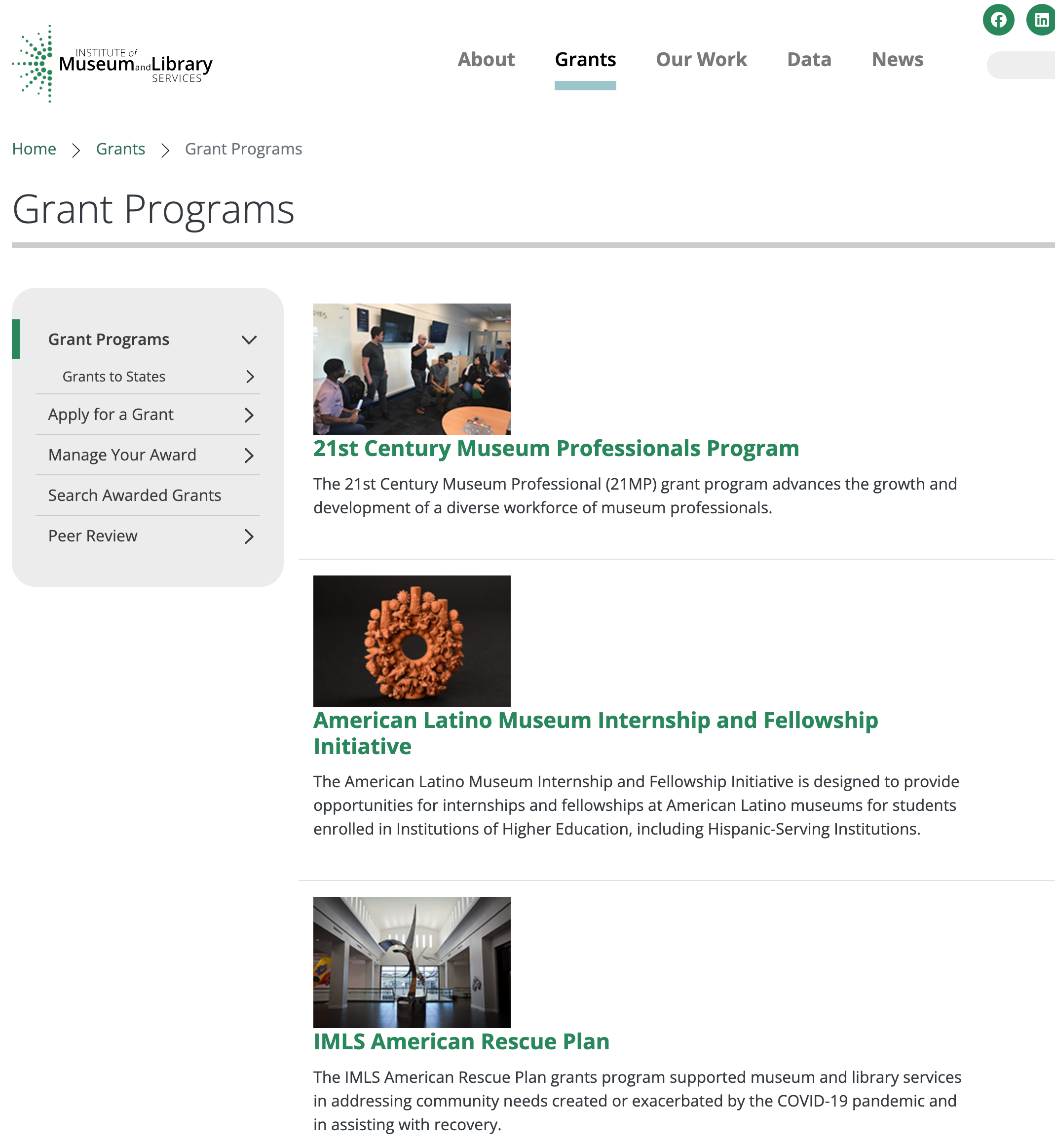 Screenshot of the IMLS Grant Programs webpage