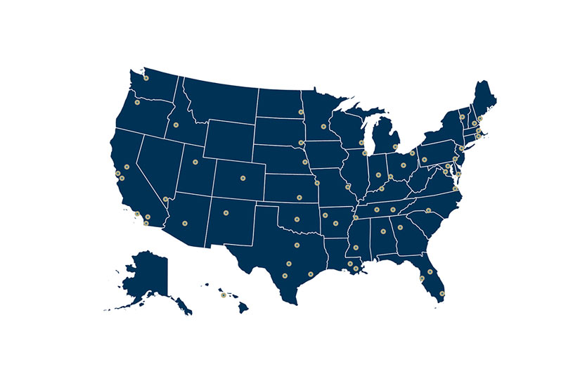 A dark blue map of the United States.