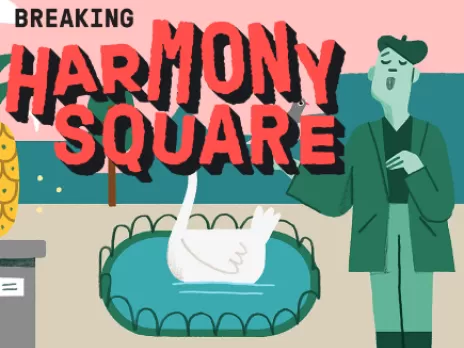 screenshot of the Harmony Square game homepage, featuring an illustration of a green person wearing a beret standing on a little box, next to the harmony square text logo
